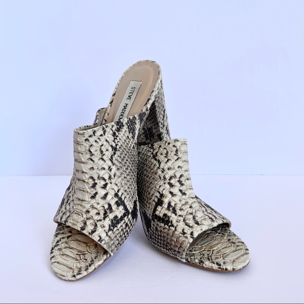 Steve Madden Esmeralda Snakeskin Block Heel Peep-Toe Mules, Size 9.5, Medium